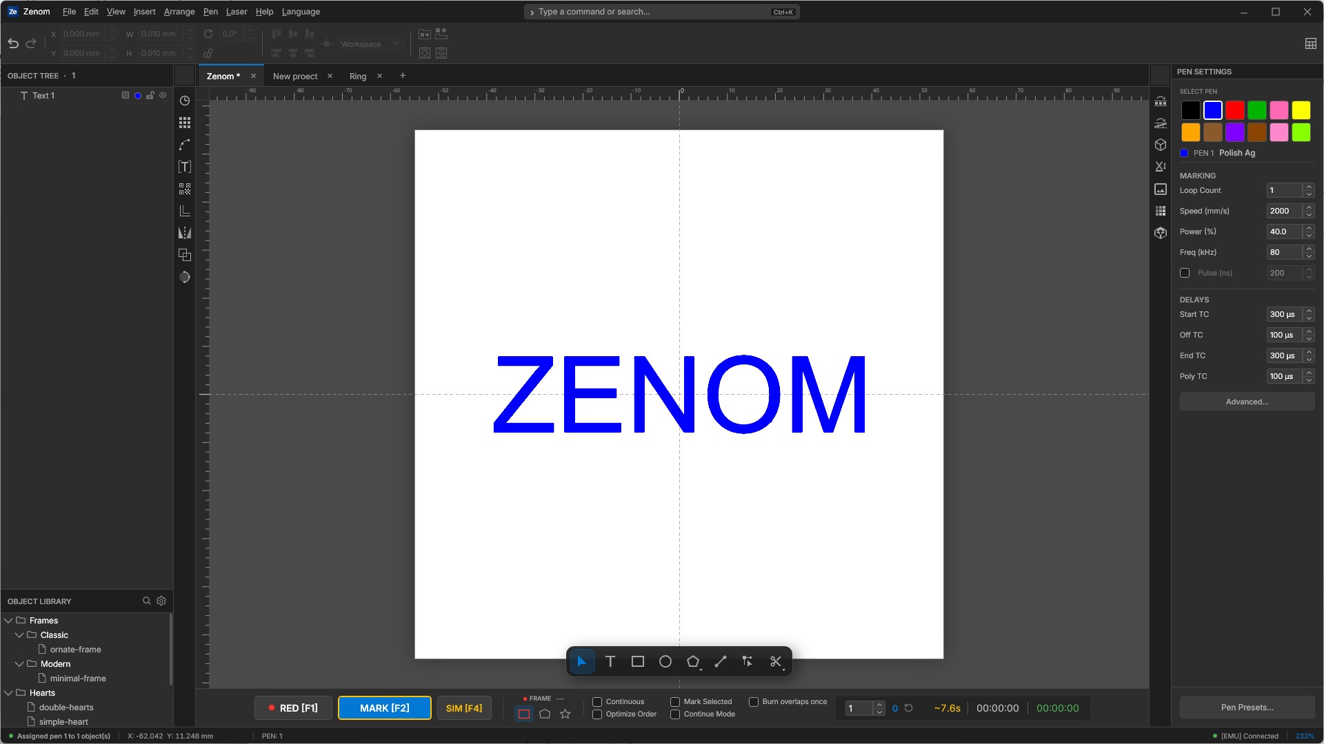 Главное окно Zenom: векторный холст с текстовым объектом ZENOM, панель настроек пера с параметрами маркировки, дерево объектов и библиотека объектов